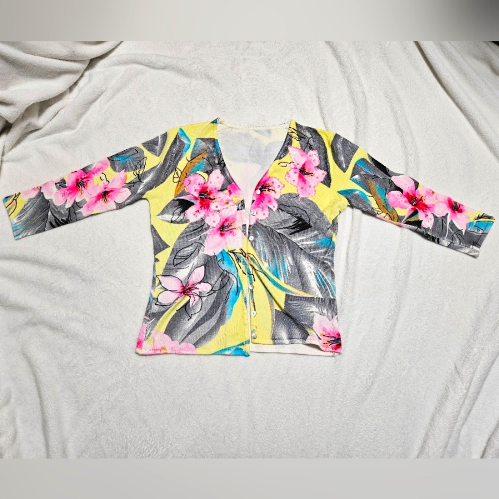Yellow, Grey, and Pink Floral Cardigan